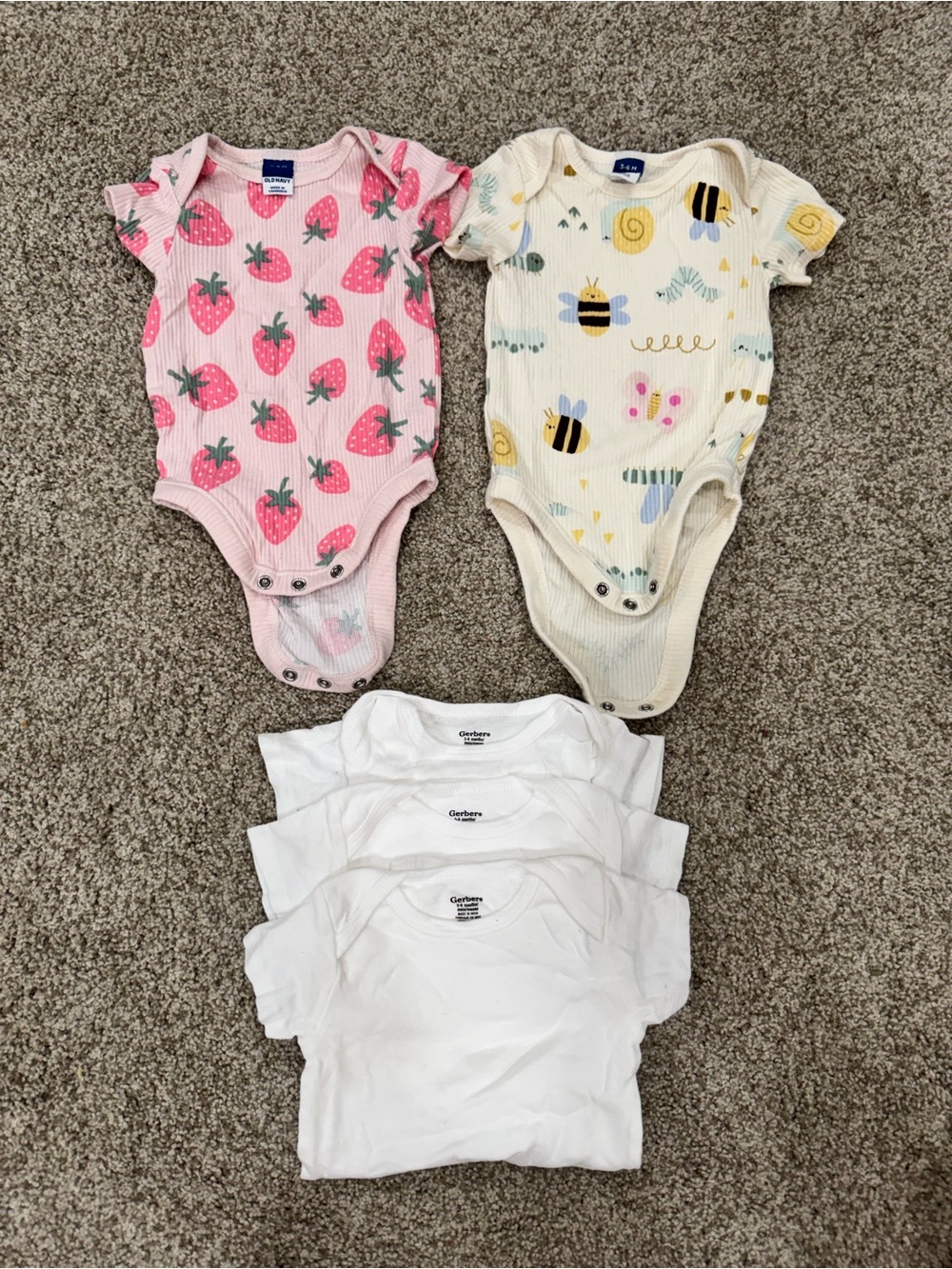 Gerber Pink Strawberry, Cream Bee & White Baby One-Piece Bodysuits - 5 Pack